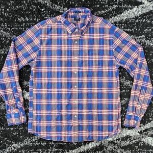 J. CREW 100% Cotton Summer Plaid Slim Fit Button Down LS Shirt Red Blue Mens LG